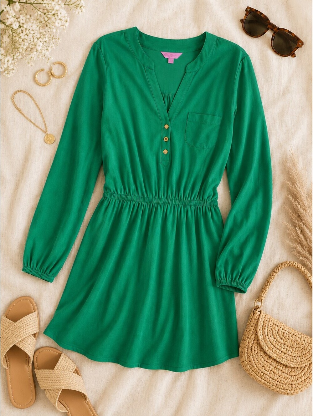Lilly Pulitzer Beckett Shirtdress Kelly Green Pima Cotton Drop Waist Dress M